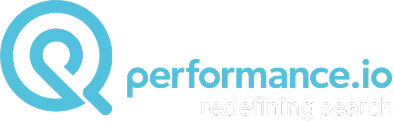 A logo of performance-io in blue and its tagline 'redefining search' in white